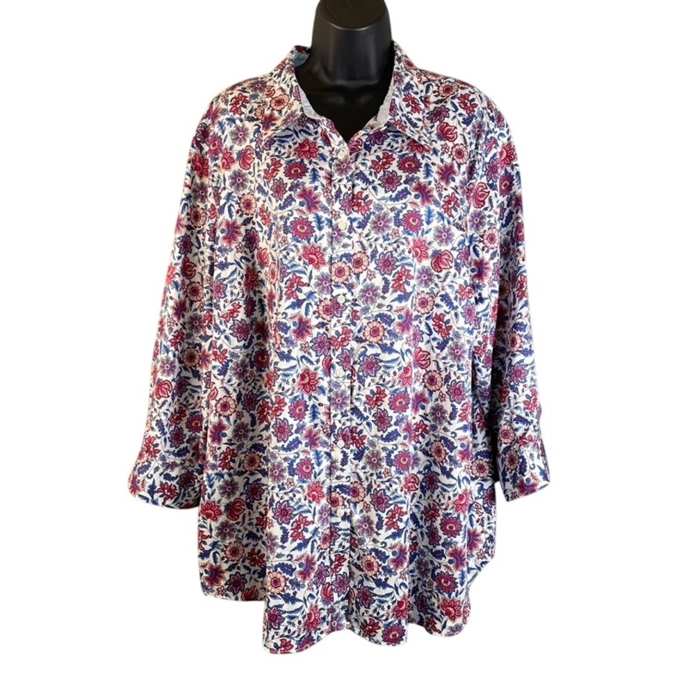 Chaps Womens 3X Floral Paisley No Iron Button Down Shirt Long Sleeve Cotton Top